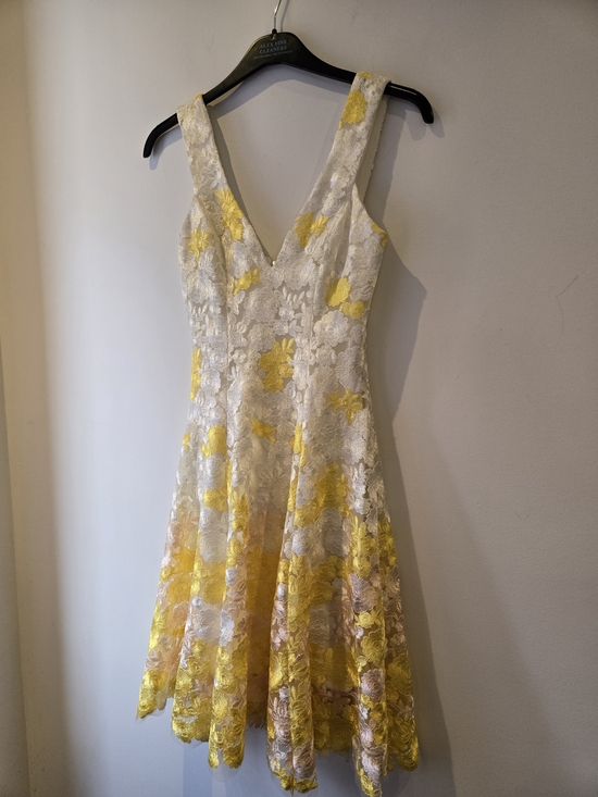 Dress the Population Dresses & Skirts - Dress the Population White and Yellow Floral Lace V-Neck Fit & Flare Midi Dress